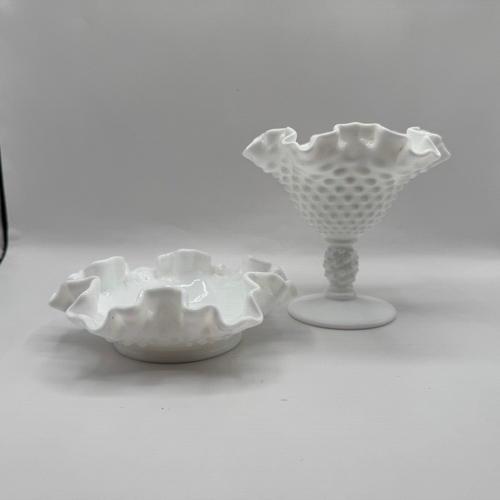 Fenton Milk Glass Hobnail Ruffle Compote and Bowl Set White Vintage Decor